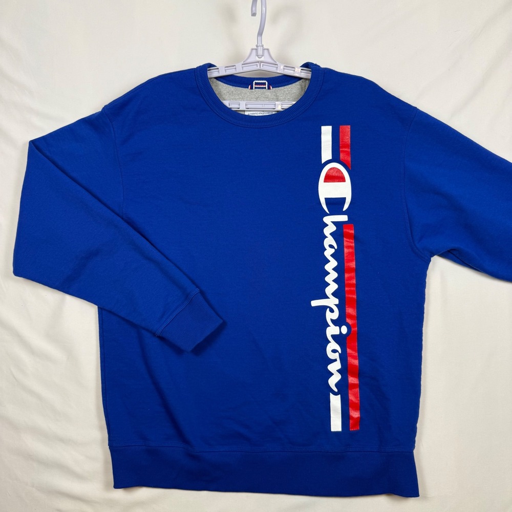 Champion Mens Blue Vertical Graphic Logo Crew Neck Sweatshirt Large
